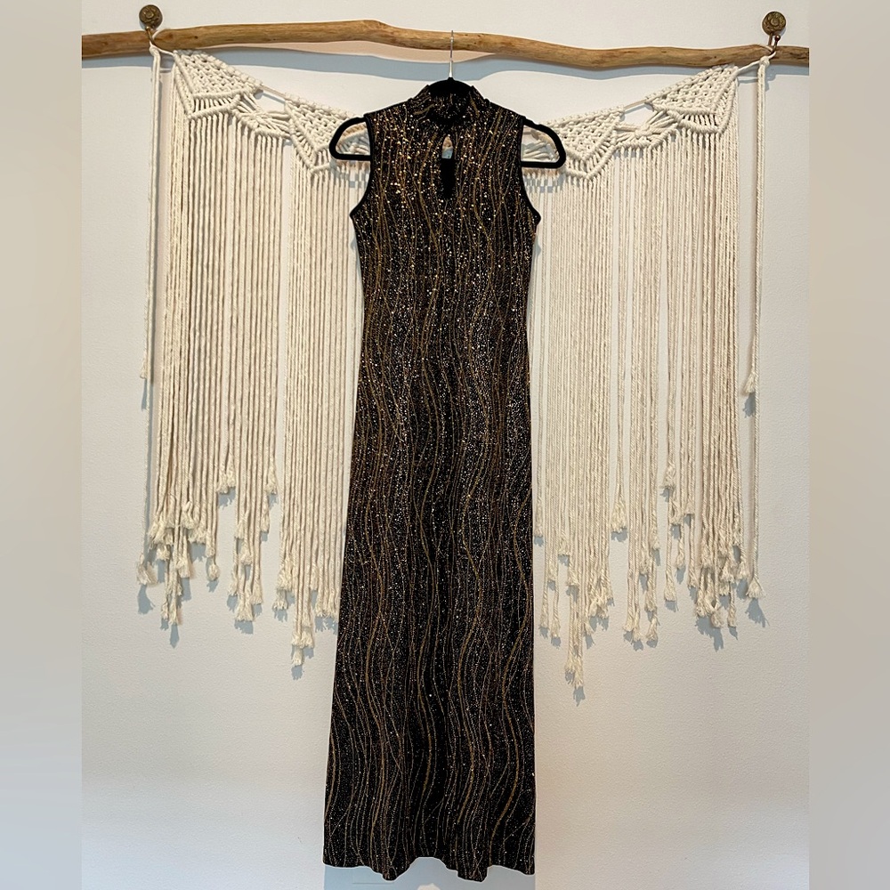 Vintage Ronni Nicole Formal Wedding Gala Party Black & Gold Glitter Gown Sz 6